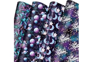 Vnaaem 12 Pcs Birthday Wrapping Paper Galaxy Space Gift Wrap Paper with Neon Stars Patterns for Kids Men Women Birthday Baby Shower Party,19.6 X27.8Inch