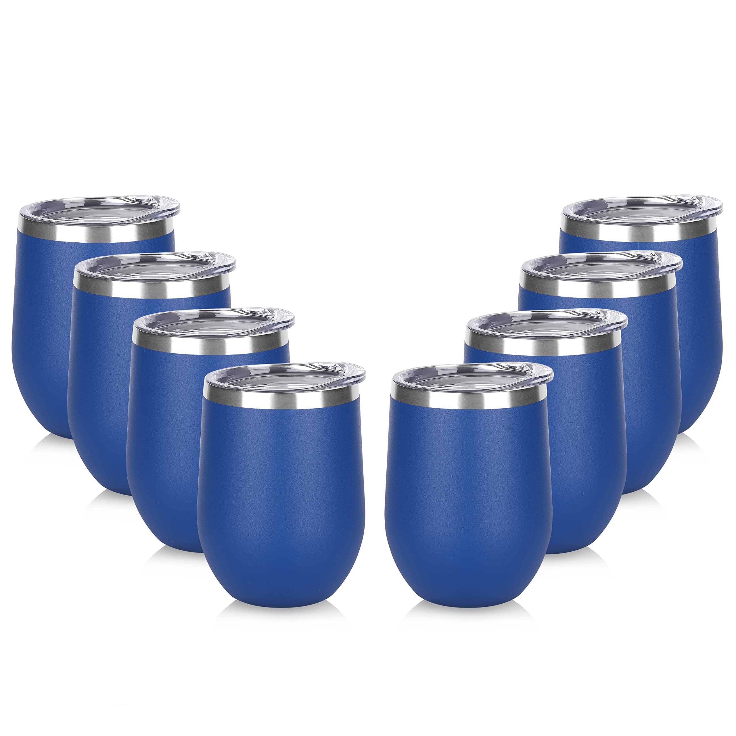 DOMICARE Stainless Steel Wine Tumbler Bulk with Lid, Personalized Insulated Tumblers Set, 12oz Travel Coffee Cups Pack of 8, Dark Blue