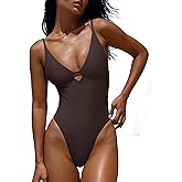 LASLULU Women's Sexy One Piece Swimsuits V Neck Padded Bathing Suit Modest Front Cutout Open Back Slimming Swimsuit