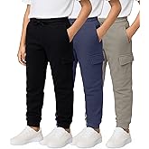 Real Essentials 3 Pack: Boys' Cotton Fleece Cargo Joggers Athletic Sweatpants - Kids Casual Sports Pants Pockets (Ages 6-16)