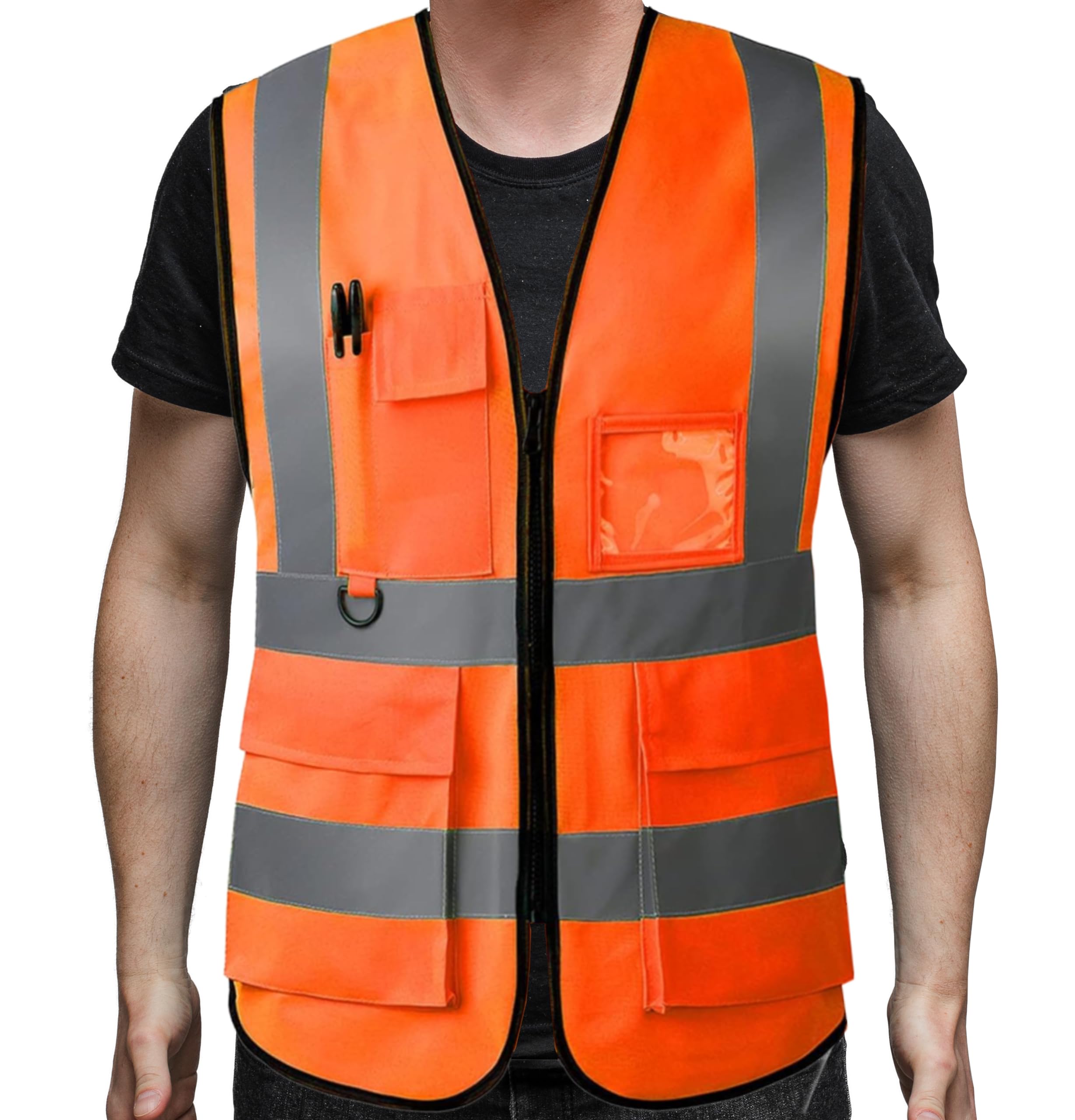 PB TECH Hi Vis Zipper Front High Visibility Reflective Vest Hi Vis Executive Jacket Vest Waistcoat ID & Multiple Pockets (Orange, XL)