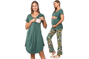 SUNNYBUY Women 3 PCS Maternity Nursing Nightgown Dress & Short Sleeve Breastfeeding Top & Pregnancy Pants Sleepwear Set