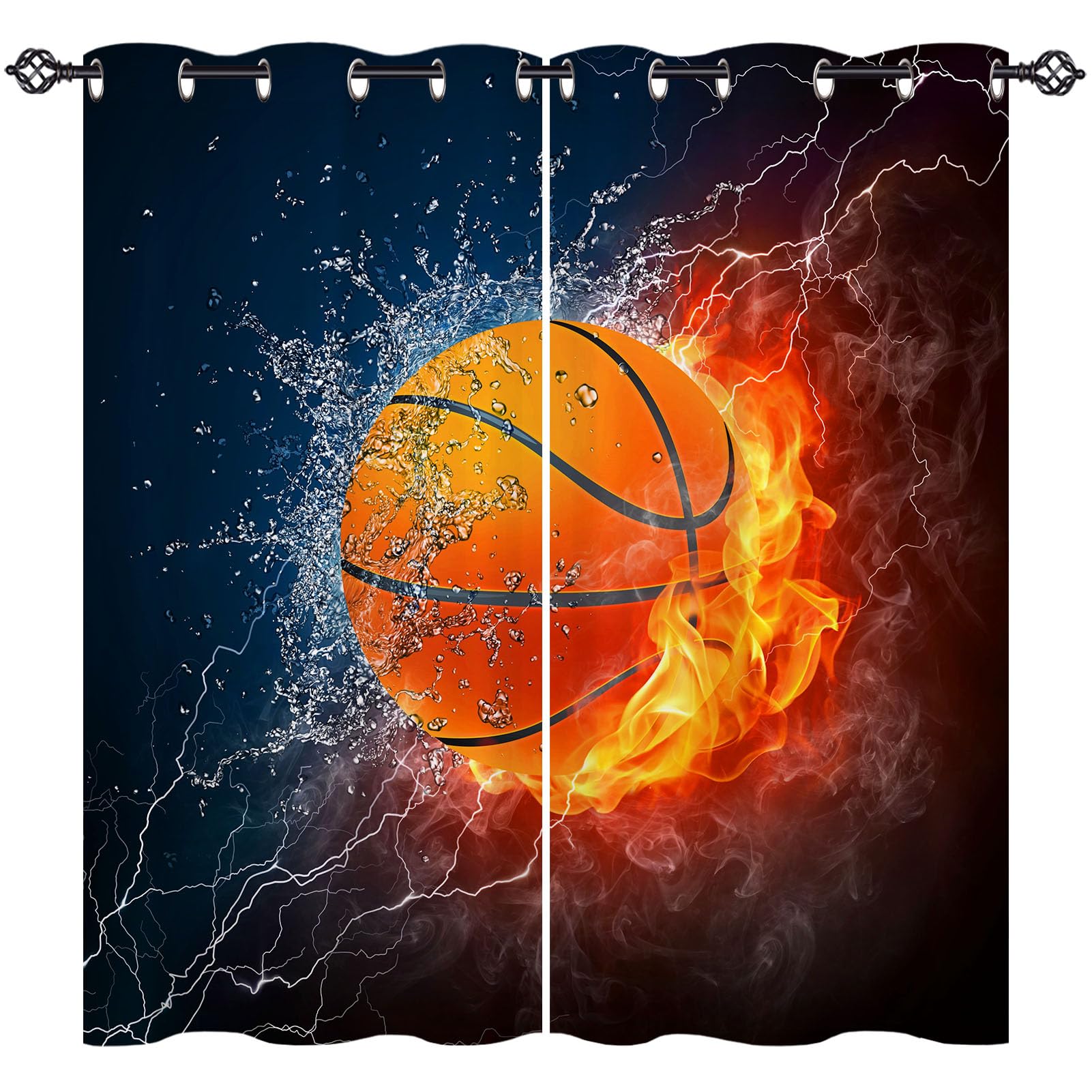 ANHOPE Basketball Curtains Eyelet Soft Thermal Insulated Blackout Curtains Sports Theme Flame Ball Print Pattern Ring Top Drapes for Kids Boys Girls Bedroom Living Room 46 x 54 Inch Drop 2 Panels
