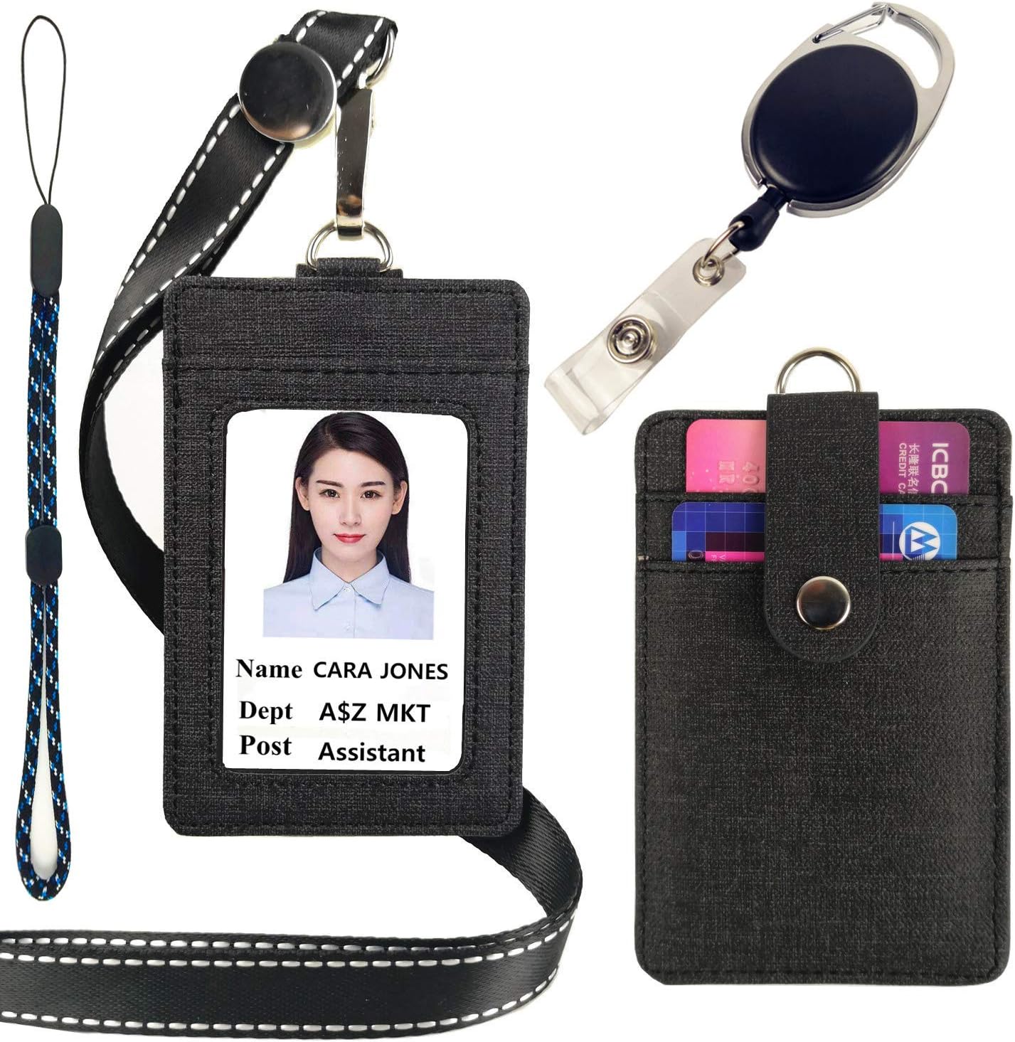 Amazon Com Lucstar Id Badge Holder With Lanyard Retractable Reel Clip 2 Back Slots Security Snap Durable Pu Leather Linen Finish Cute Design Card Holder For Women Men Work Student Id Card