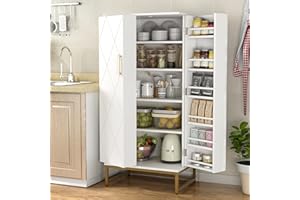 kepptory 51” Pantry Cabinets, White Freestanding Kitchen Pantry Storage Cabinet with Adjustable Shelves, Buffet Cupboards Storage Cabinet for Home Office Use, White + Gold