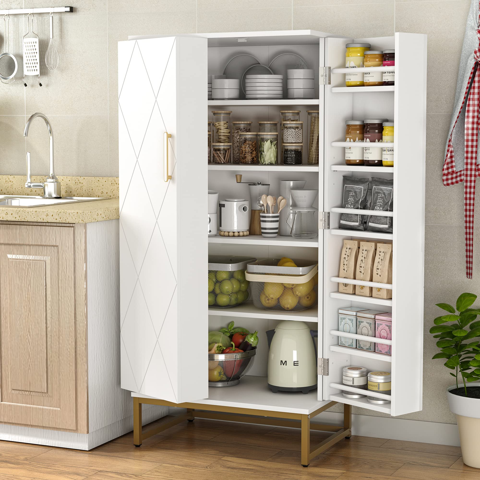 Photo 1 of kepptory 51” Pantry Cabinets, White Freestanding Kitchen Pantry Storage Cabinet with Adjustable Shelves, Buffet Cupboards Storage Cabinet for Home Office Use, White + Gold