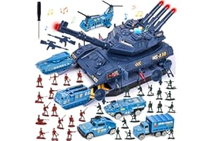 MCPINKY 45PCS Military Toy Tank Set, Tank Toy Set with Realistic Light and Sound, Rotating Turret and Missile, 6 Mini Die-Cast Cars Helicopter & 30 Pcs Army Men Toy Soldiers, Gifts for Kids Age 3+