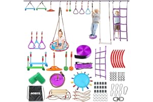 AOBOTE Ninja Warrior Obstacle Course for Kids,56ft Slackline with 12 Accessories,Saucer Swing with 360 Degree Rotating Wheel,Ninja Course for Kids Outside(AB010001-2)