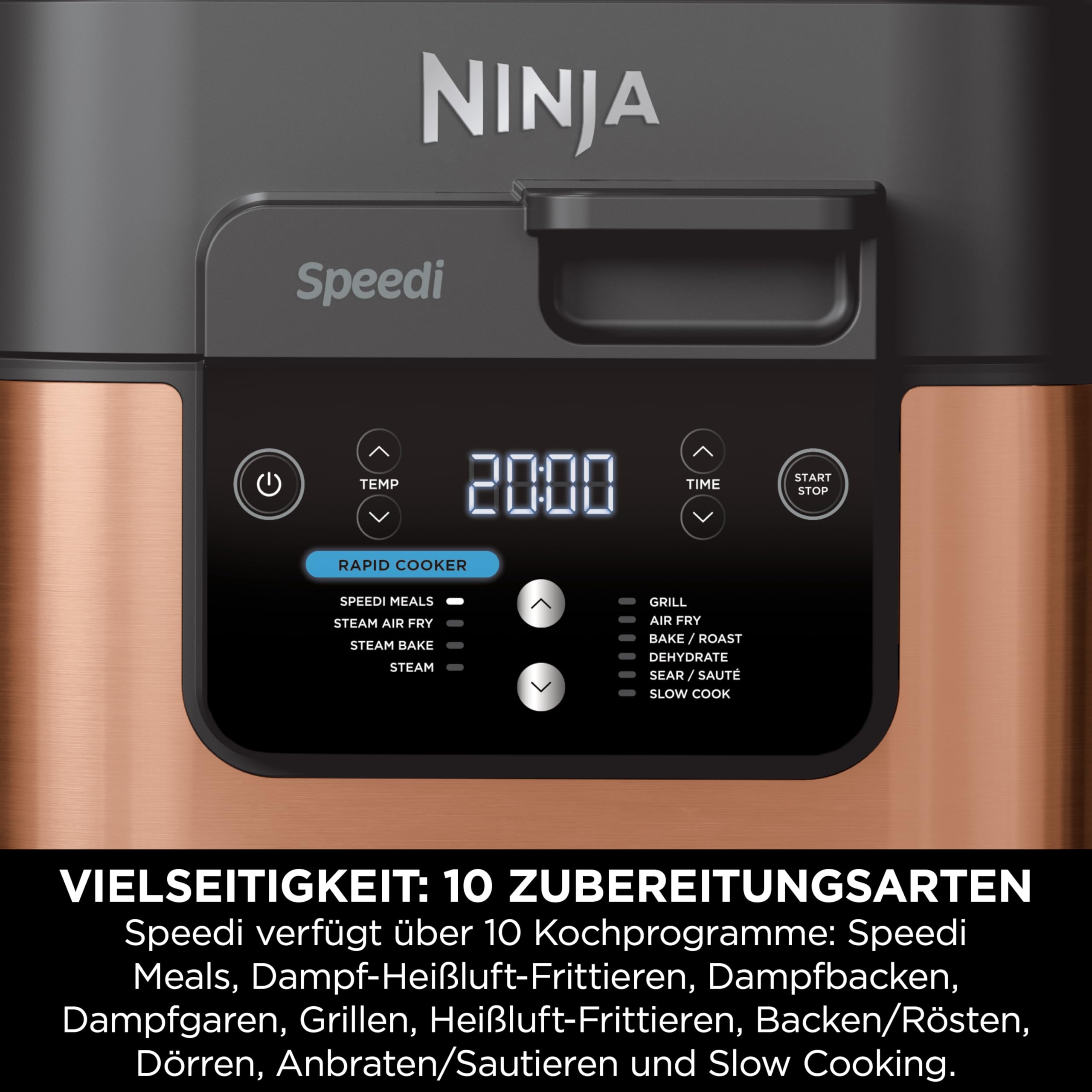Ninja Speedi Multikocher, 5,7L, 10-in-1 Multicooker, Airfryer Heißluftfritteuse, Slow Cooker Langsamkochen, Grillen, Backen, Schwarz & Kupfer ON400EUCP 8