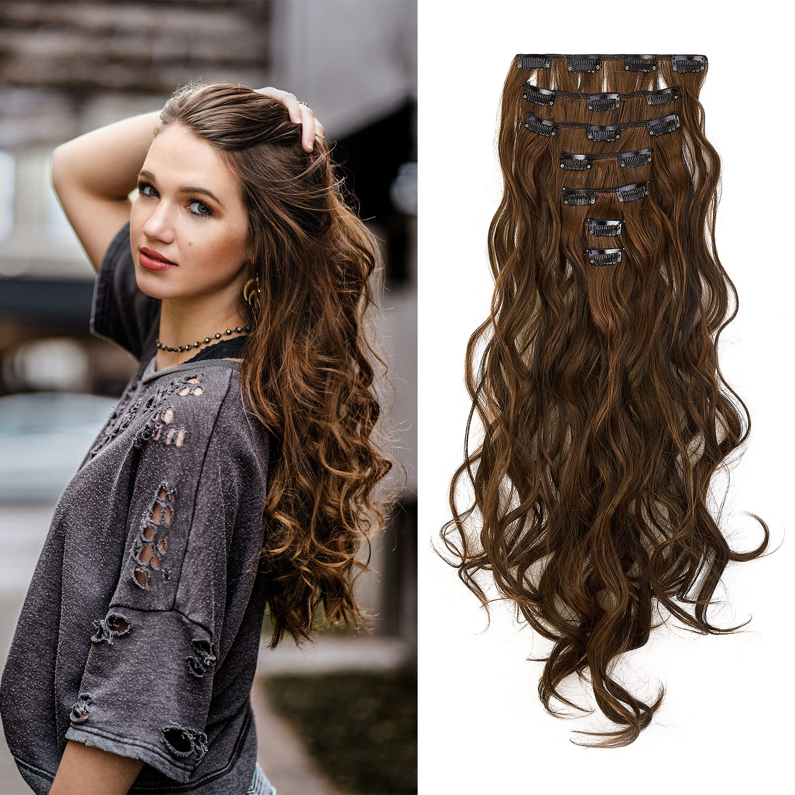 Gairyan 20inch Curly Hair Extensions Clip in Long Hair Extension 7PCS Highlight Full Head Synthetic Wavy Hairpiece for Women (Medium Brown & Light Auburn) โ image 1