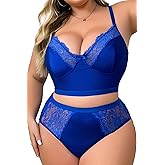 SecWpnConfy Womens Plus Size 2 Piece Lingerie Set Floral Sexy Mesh Sheer V Neck 3/4 Cup Lace Outfits