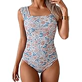 B2prity Womens One Piece Swimsuit Retro Square Neck Tummy Control Bathing Suits Ruched Modest Full Coverage Swimwear