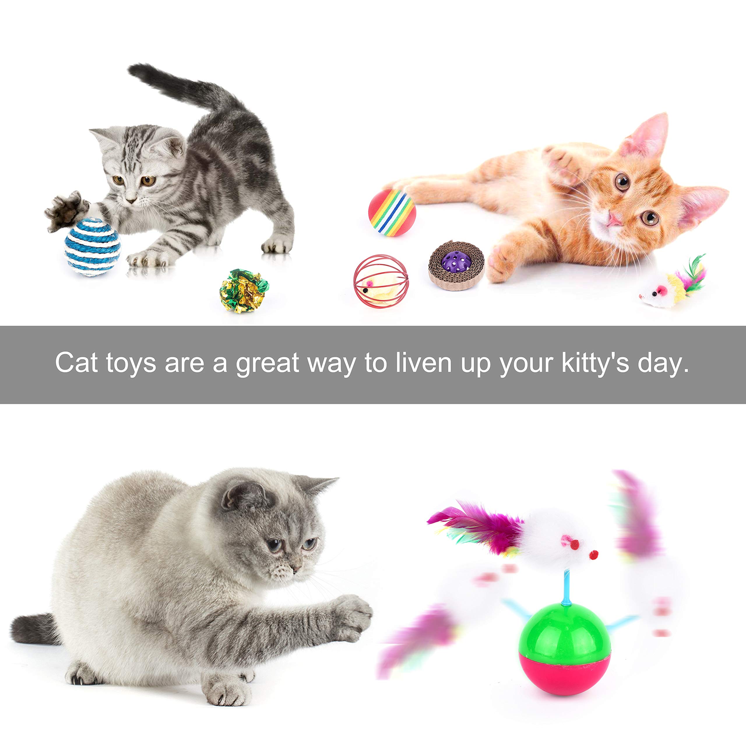 Cottia 16PCS Cat Toys Variety Pack - 2 Way Tunnel, Fluffy Mice, Cat Teaser, Tumbler, Spring Balls, Interactive Play & Exercise Kitten Toys Cat, Kitty (Color May Vary)