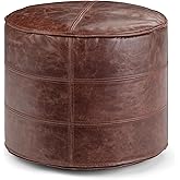 SIMPLIHOME Connor Round Pouf - 18 inch Wide Upholstered Genuine Leather Ottoman in Distressed Brown, Boho Footstool or Extra 