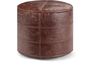 SIMPLIHOME Connor Boho Round Pouf in Distressed Brown Genuine Leather for the Living Room, Bedroom and Kids Room