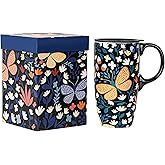Topadorn 17oz Ceramic Travel Coffee Mug with Sealed Lid Tea Cup with Color Box, Microwave & Dishwasher Safe, Unique Coffee Mug for Latte & Hot Chocolate, Holiday Gift Her Him, Butterfly