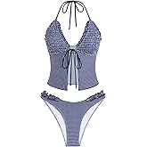 ZAFUL Tankini Swimsuits for Women Smocked Ruffles Tie Front Tummy Control | Cute swimsuit, High cut tanga tankini set, Halter tankini top, Flowy swimsuit, Cherry, Fruit, Gingham, Stripe, Floral pattern
