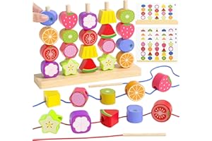 Montessori Toys for 3 4 5 Year Old, Toddler Wooden Fruit Stacking Toys, Stacking Blocks & Lacing Beads & Shape Sorter Toy for