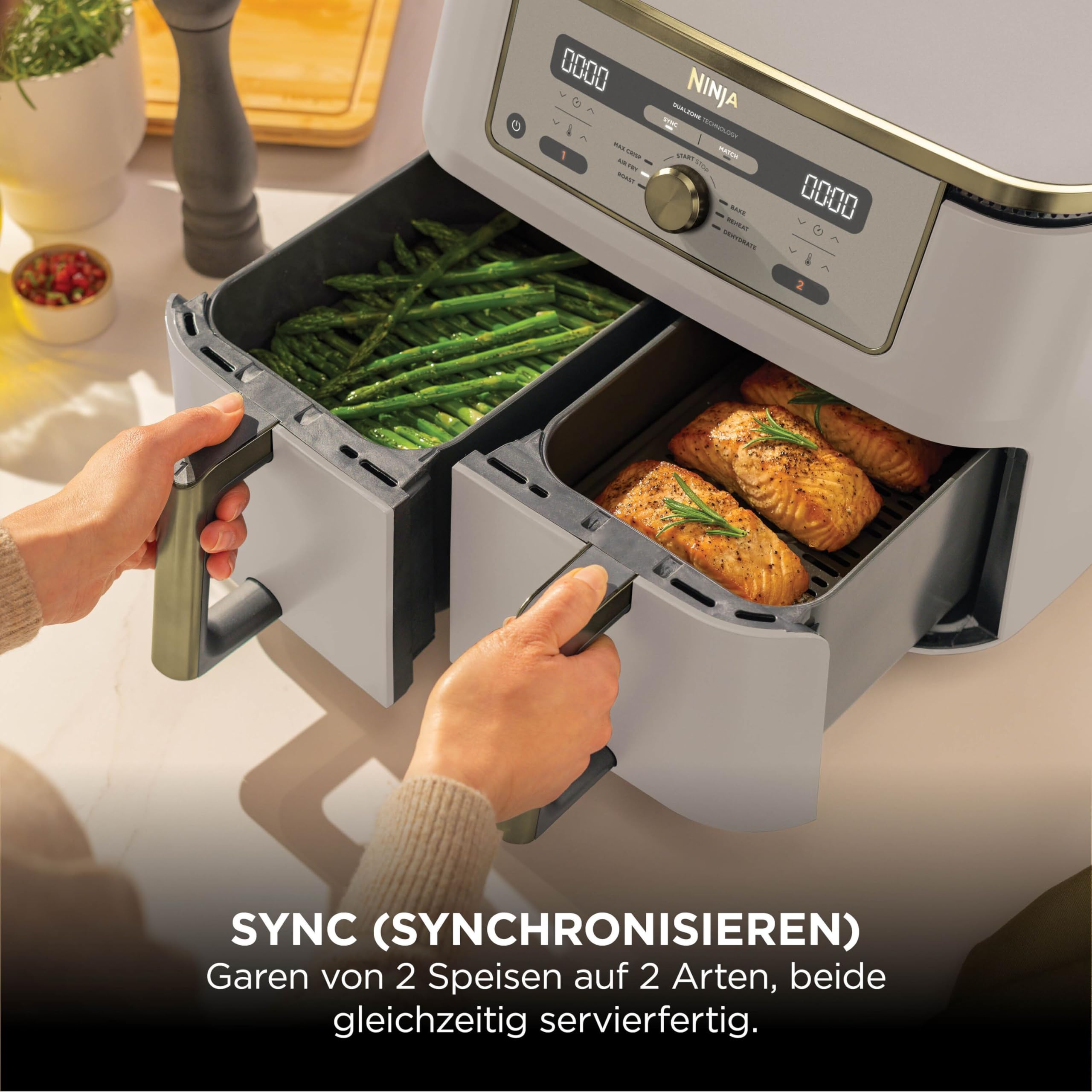Ninja Dual Zone Digital Air Fryer, 2 Schubladen, 6-in-1, Heißluftfritteuse, 9,5L, Heißluft-Frittieren, Max Crisp, Rösten, Backen, Aufwärmen, Spülmaschinenfeste Körbe, Stone/Gold DZ400EUSTGD 3