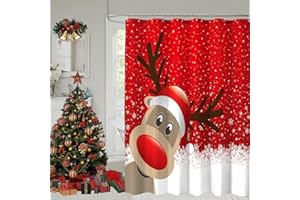 YOSTEV Christmas Shower Curtain, Red Merry Christmas Shower Curtains for Bathroom Decor, Red Winter Holiday Shower Curtain, Xmas Funny Santa Claus Elk Fabric Cloth Bath Curtain, 72x72 Inch