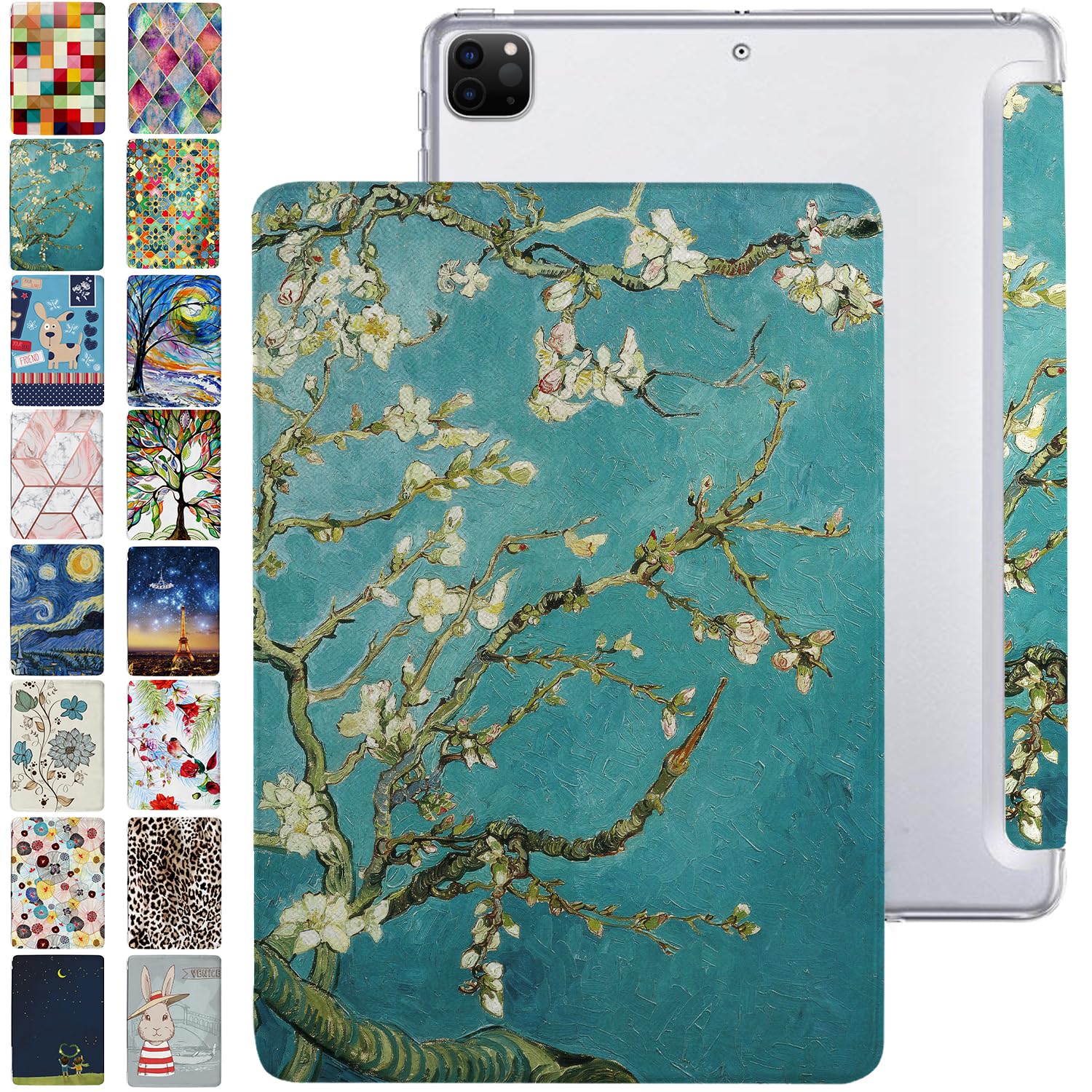 DuraSafe Cases for iPad PRO 12.9 Inch 6th 5th 4th [ Pro 12.9 4 5 6 Generation 2020 2021 2022 ] A2436 A2764 A2437 Trifold Printed PC Lightweight Protective Clear Back Cover - Blossom