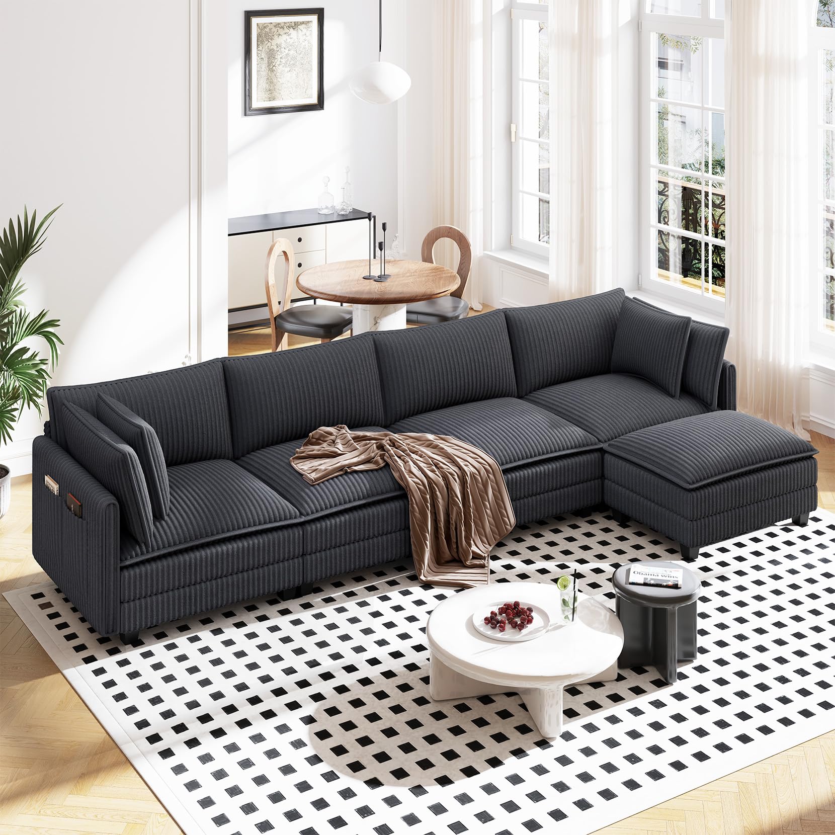 Photo 1 of ***maybe not complet***Vesgantti 143" L Shaped Modular Sectional Couch, Comfy Corduroy Upholstered Cloud Couches for Living Room, Modern 3 Seater Sofa with Movable Ottoman & Throw Pillows, Dark Grey