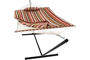 Sunnydaze Rope Hammock with Stand for Outside- 275-Pound Capacity - Includes 12-Foot Hammock Stand, Spreader Bar, Pad, and Pi