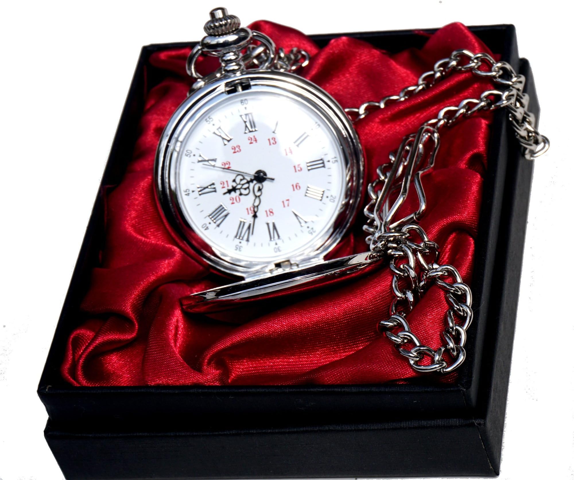 Personalised Engraved Silver Pocket Watch Chain Gift Box red satin Wedding Gift