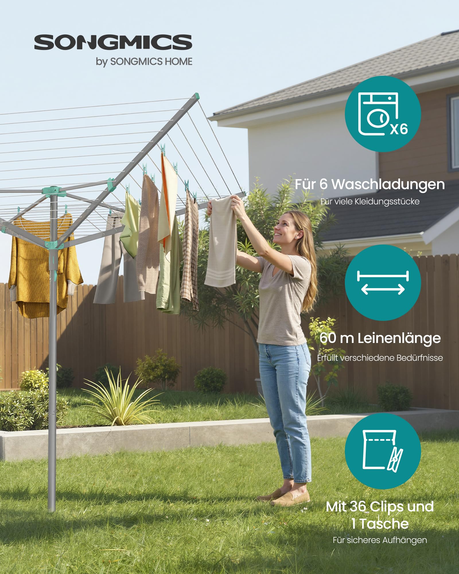 SONGMICS Wäschespinne, Wäscheständer, drehbar, klappbar, draußen, Garten, mit Wäscheklammern, Schutzhülle, silbern, 60 m Wäscheleine, für 6 Waschladungen LLR308EZ01 2
