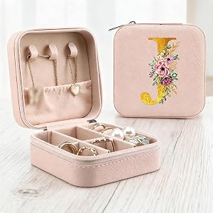 Initial Letter Travel Jewelry Box, Square Faux Leather Small Organizer Case, Portable Storage For Rings Earrings J