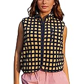PUWEI Women's Checkered Sherpa Vest Sleeveless Zip Up Fleece Top Crochet Plaid Sherpa Collared Vest with Pocket