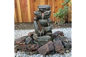 31.5" H 5-Tiered Rock Water Fountain Outdoor&Indoor, Floor-Standing Garden Fountains, Stone Feature and Waterfall with Lights