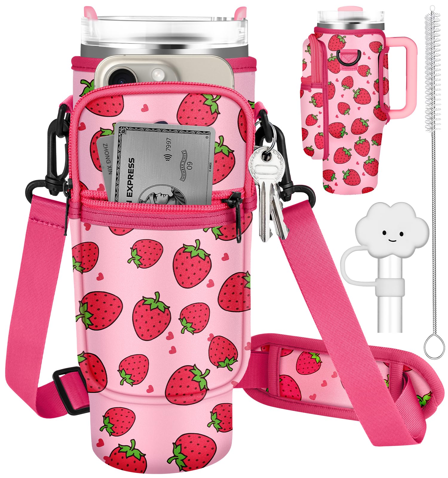 Water Bottle Holder Carrier Bag for Stanley Cup 40 oz Water Bottle Sling Pouch with Adjustable Shoulder Strap Phone Pocket Clouds Straw Cover Cleaner Brush for Walking Travel Hiking Gym（Strawberry)