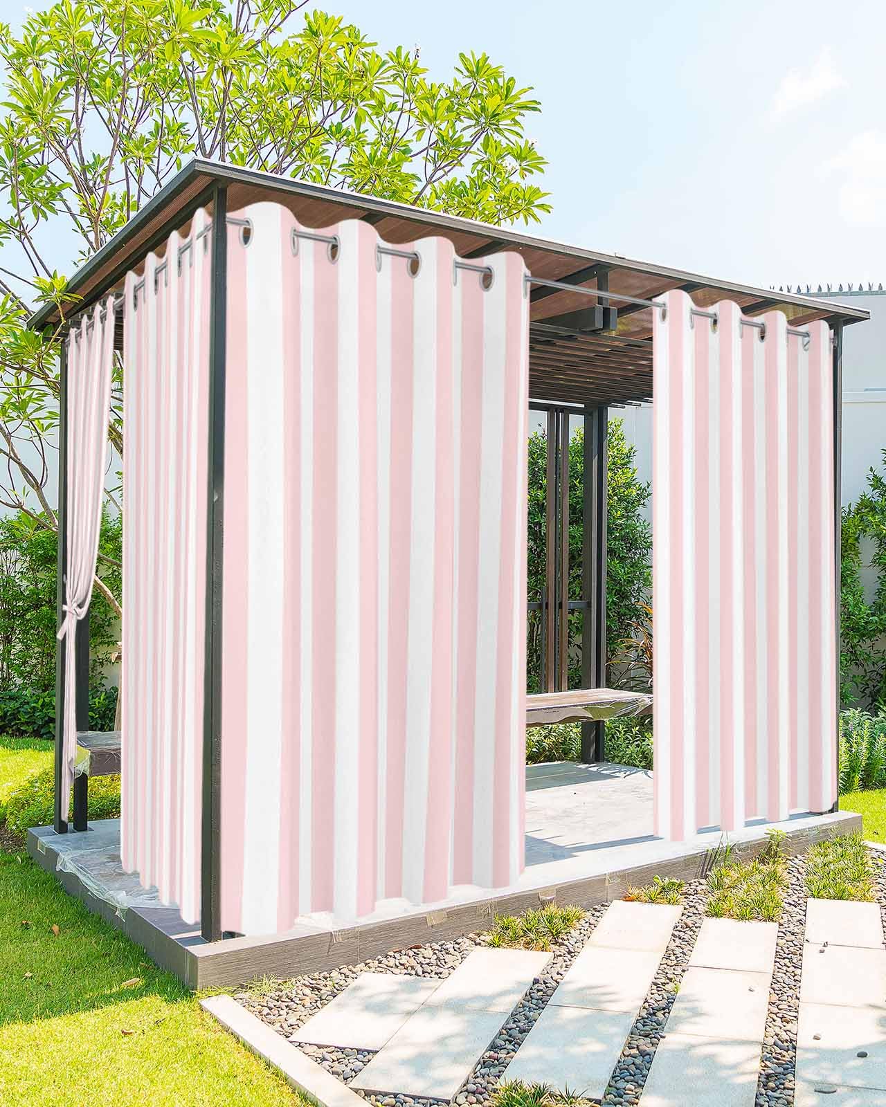 Photo 1 of Striped Outdoor Curtains for Patio Waterproof Weatherproof,Pink and White Outdoor Curtains,Sun Blocking Privacy Grommet Outside Curtains Weighted Drapes for Gazebo Porch Pergola,2 Panels,54W x 84L