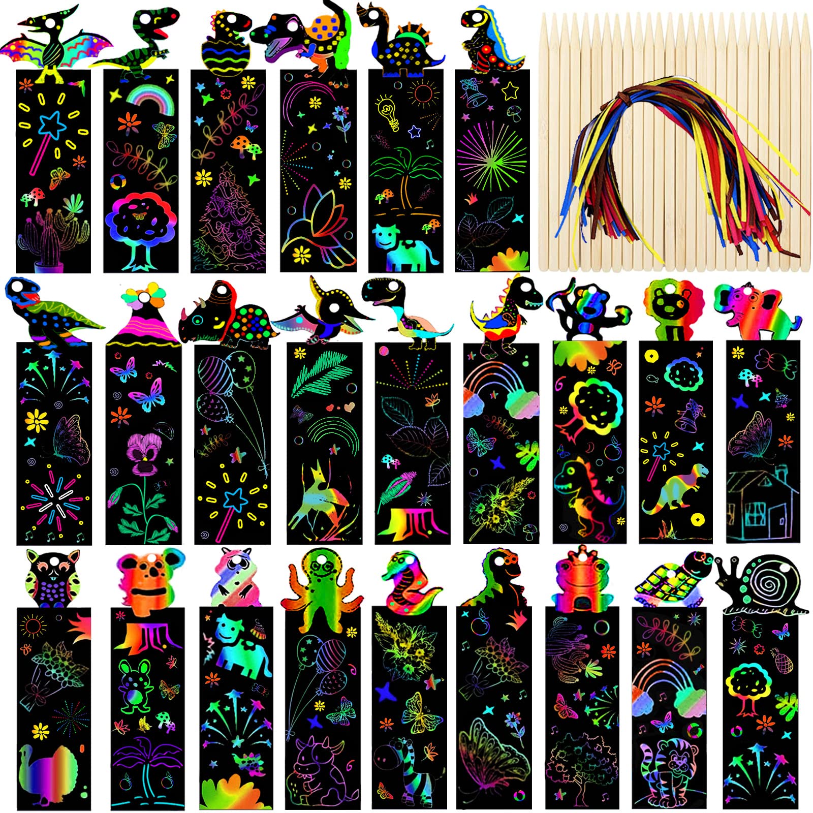 Xhtol Scratch Art for Kids, 48Pcs Scratch Art Party Bag Fillers, Magic Rainbow Bookmarks for Children, Animal Craft DIY Scratch Art Paper Tags for Girls Boys Classroom Birthday Gifts