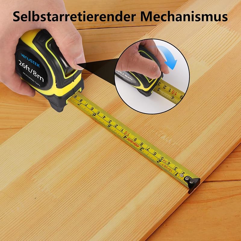 Maßband Massband, 8 m (26 Fuß), Profi Bandmaß mit Gürtelclip,Feststeller, gelb lackiert mit Zoll- und mm Skala, für Haushalt, Heimrenovierungen und Baustelle