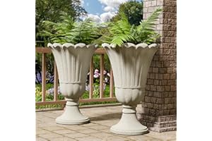 Trygoal 23.6" Tall Plastic Urn Planters for Outdoor Plants, Set of 2 Heavy-Duty Classic Indoor Large Flower Pots with Drainage Holes & Petal Design, Outdoor Planters for Porch, Home Garden, White