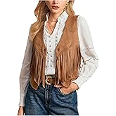 GORGLITTER Women's Western Fringe Vest Fashion Trendy Fall Faux Suede Sleeveless V Neck Button Down Cropped Jacket Cowgirl
