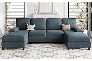 Shintenchi Sectional Couches for Living Room, U Shaped Sofa Couch with Double Chaise, 4-Seat Living Room Furniture Sets with Soft Cushion & Linen Fabric, Dark Grey