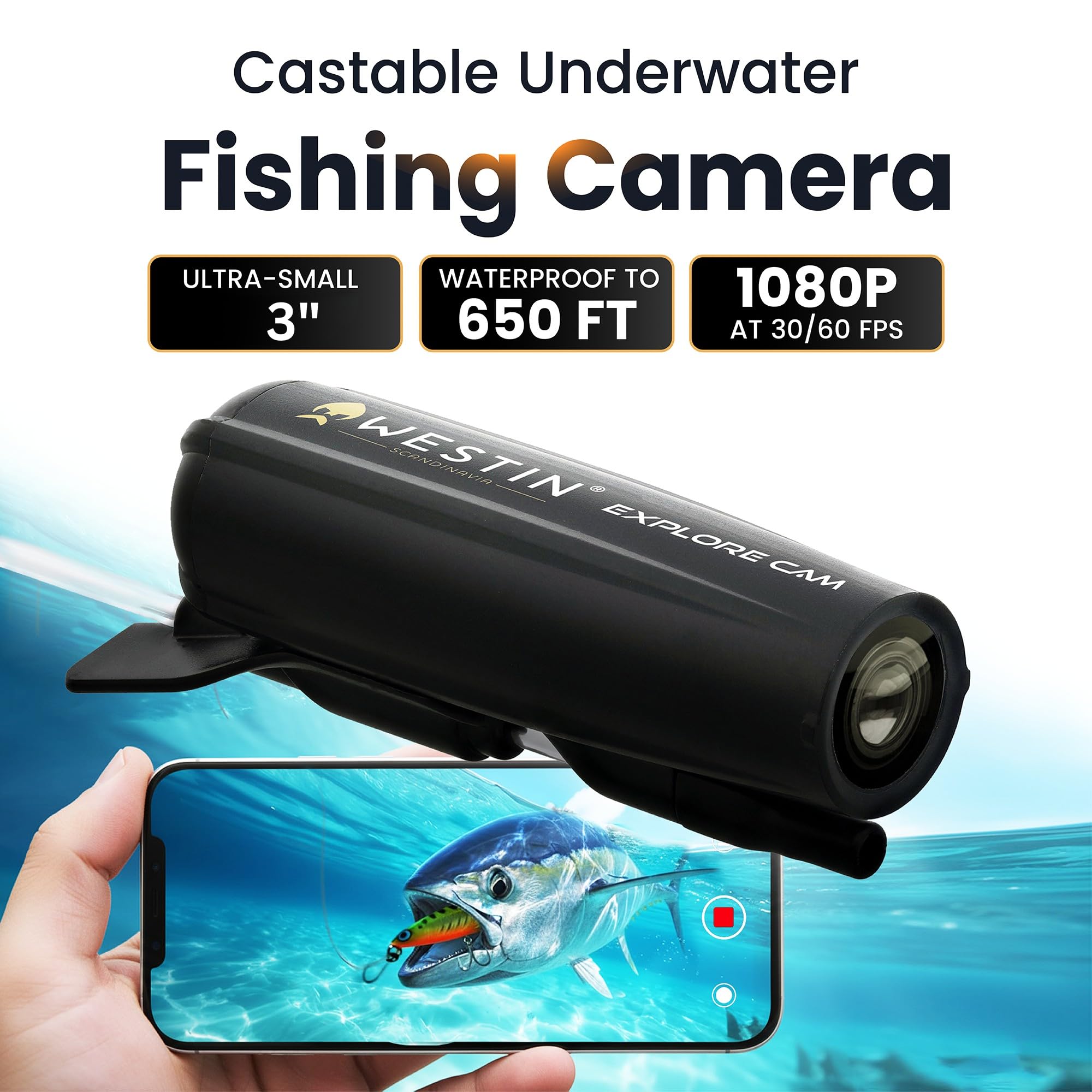 Westin Explore Cam - Fishing Gifts for Men - Castable Underwater Fishing Camera for Lure Fishing – Full HD 1080P with Direct Playback on iPhone & Android