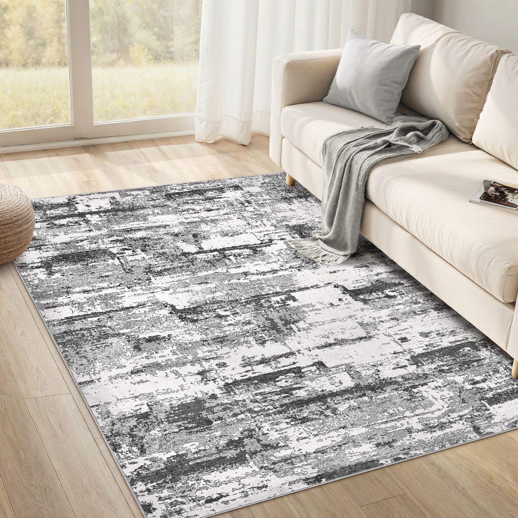 Area Rugs for Living Room: 4x6 Abstract Washable Rug Modern Neutral Large Soft Stain Resistant Non-Slip Backing Machine Table for Bedroom Dining Room Indoor Home Office Carpet - Black Grey Image