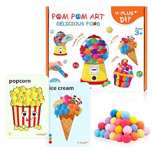 YPLUS Pompoms Art Crafts Kits, Toddler DIY Sensory Montessori Activities Box for Kids Ages 3+, Finger Motor Art Supplies - Theme Food
