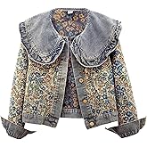 Unilexi Womens peter pan collar embroidered jean jackets Long Sleeve Jacquard versatile Denim Jackets