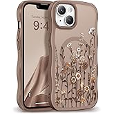 GVIEWIN Cute for iPhone 14 Case & iPhone 13 Case [Compatible with MagSafe] [Curly Wave Edge] Floral Translucent Magnetic Shockproof Protective Phone Cover for iPhone 14/13 6.1'', Floratopia/Brown