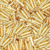 Glass Bugle Beads Penta Angel 1100Pcs /50g Mini Long Tube Seed Beads 2×6mm Small Craft Loose Spacer Beads for Earring Bracelets Necklace Waist Beads Jewelry Making (Gold)