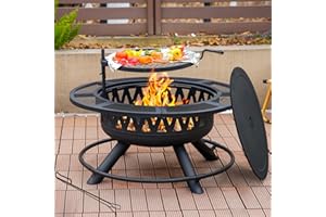 Florise 36 Inch Fire Pit with Grill & Lid, Outdoor Metal Wood Burning Fire Pit for Patio, 3 in 1 Large Firepit with Spark Screen & Fire Poker for Backyard Garden Bonfire