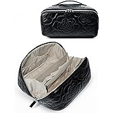 Popvibe Open Flat Makeup Bag Travel Cosmetic Case for Women, Large Capacity Toiletry Travel Bag with Zipper, Portable Aesthetic Floral Make Up Organizer Pouch with Dividers & Handle, Black, Large