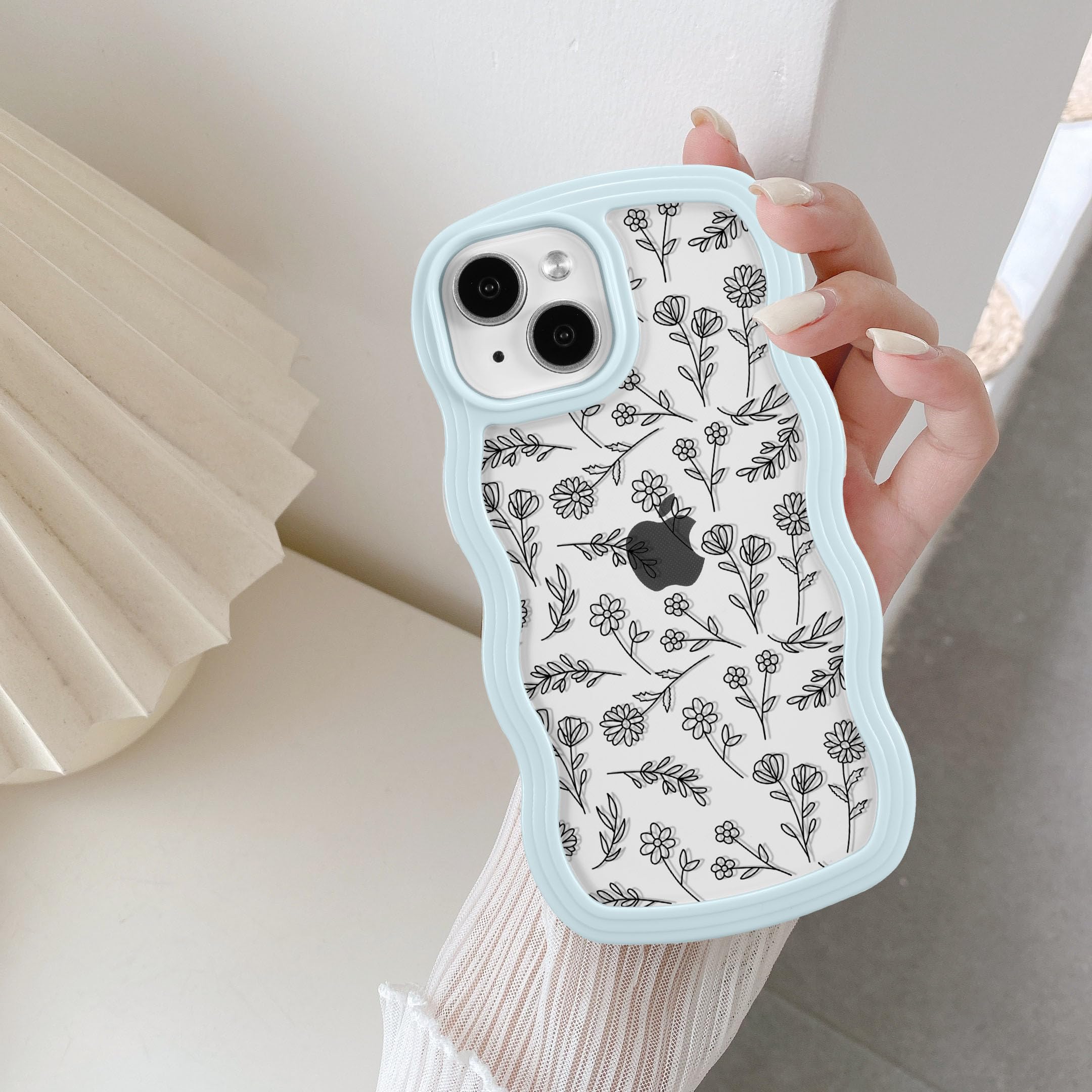 QLTYPRI for iPhone 13/iPhone 14 Case, Cute Curly Wave Frame Clear Case for Girls Women,Flower Clear TPU Bumper Soft Silicone Shockproof Protective Phone Cover for iPhone 13/14- Black Floral/Light Blue — image 1