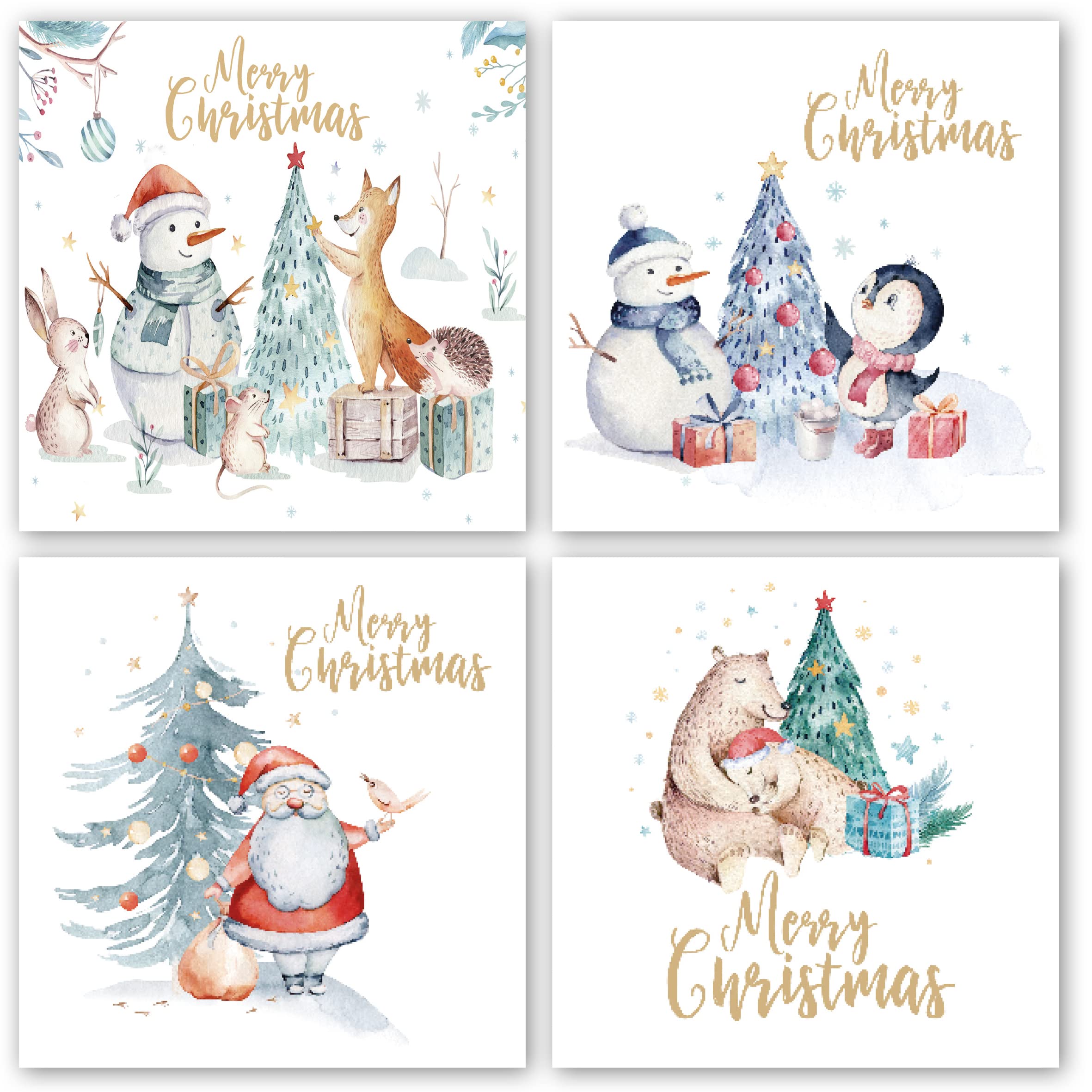 Charity Christmas Cards. Pack of 24. Each Christmas Card Multipack has 4 Different Watercolour Characters Designs. Ecofriendly and UK Made. Blank Inside. 115 x 115mm Card Size.
