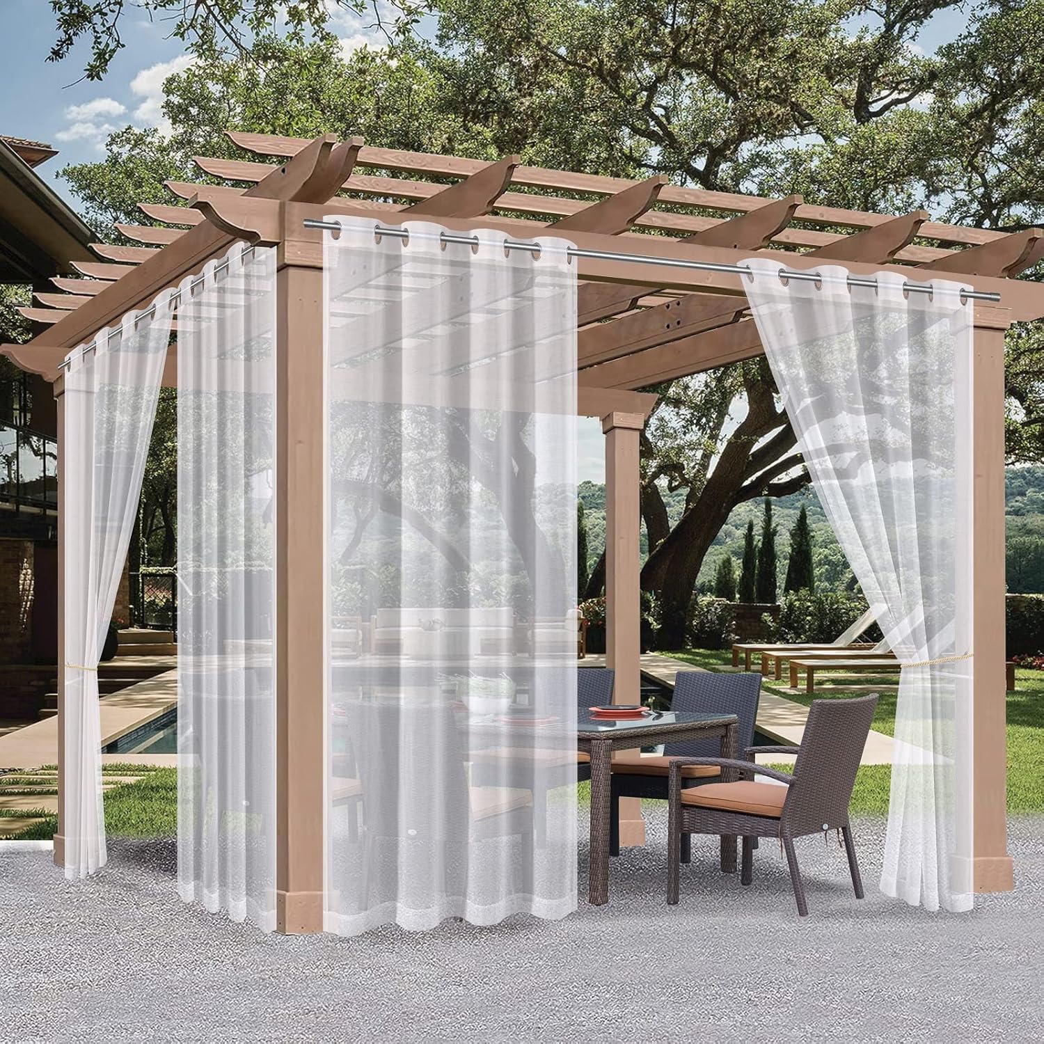 Outdoor Curtains - Voday (2 Panels) Waterproof Outdoor White Sheer Curtains 54x84 Inch for Patio - Rustproof Grommet Privacy Curtains with Free Tieback Rope - Light Filtering Voile Drapes for Indoor, Pergola, Porch